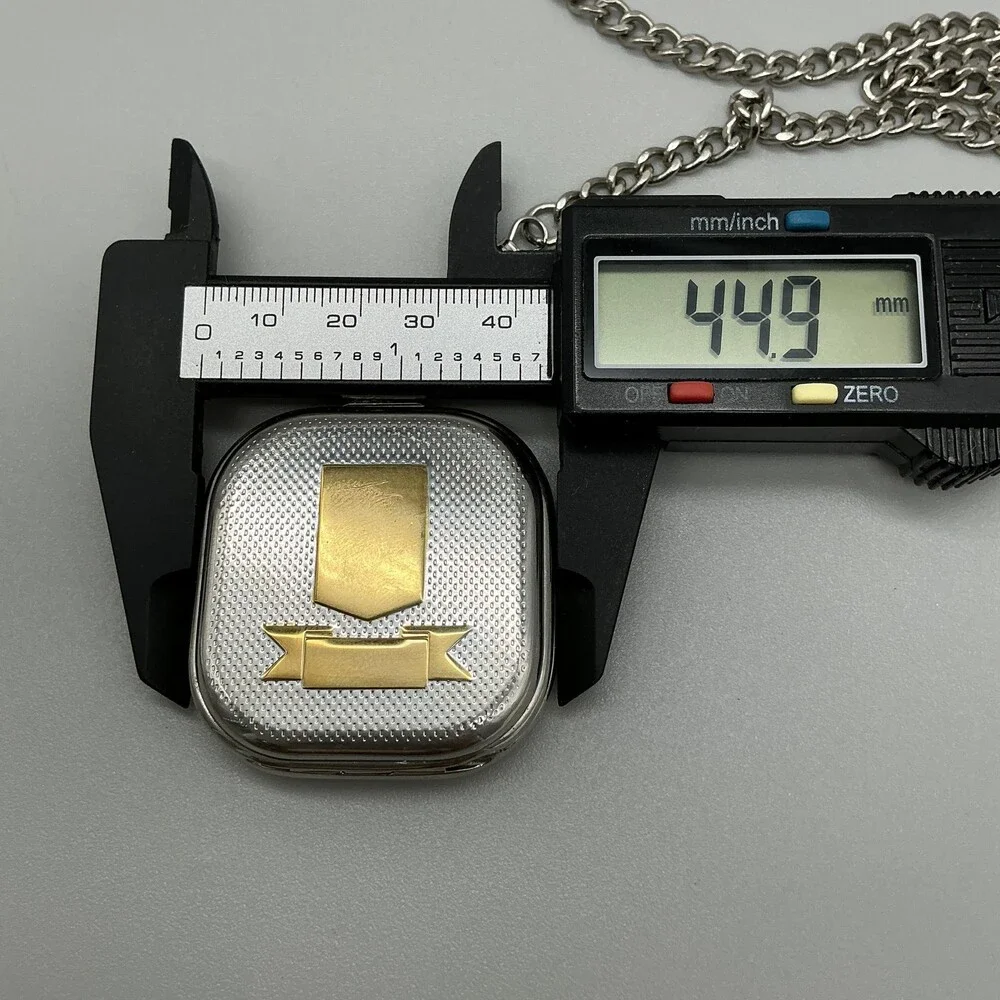 Mens Pocket Watch 45mm White Dial Silver Tone Chain Cushion Case New Battery